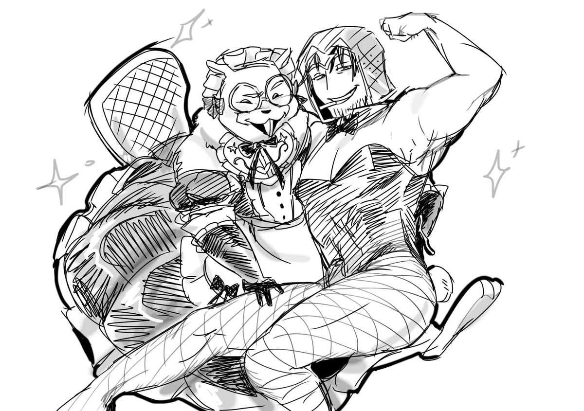 iante157's tweet photo. Some Twixxel and Verity, #verixxel AU where Mob leaves Twixxel to try and distract Verity

And then a #potpc request, Lookout3D in a playboy bunny outfit and Slippery in a maid dress! https://t.co/zDT2ptd0G0