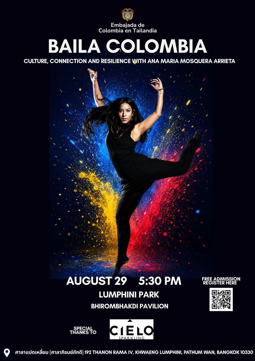 embcoltailandia's tweet photo. BAILA COLOMBIA — Culture, Connection and Resilience
The Embassy of Colombia in Thailand warmly invites you to join the participative dance workshop BAILA COLOMBIA with Ana Maria Mosquera Arrieta. https://t.co/eHx88AJrRN