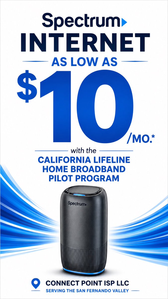OpenHRentals's tweet photo. SPECTRUM INTERNET AS LOW AS $10/MONTH* WITH CALIFORNIA LIFELINE

California residents who qualify for the California LifeLine Home Broadband Pilot Program may receive up to $20/month toward eligible standalone home internet service.

CURRENT OFFER EXAMPLES:

OFFER #1 — 100 Mbps
$30/mo − $20 LifeLine benefit
TOTAL: $10/MO*

OFFER #2 — 500 Mbps
$40/mo − $20 LifeLine benefit
TOTAL: $20/MO*

OFFER #3 — 1 GIG
$60/mo − $20 LifeLine benefit
TOTAL: $40/MO*

WHO MAY QUALIFY?
Eligibility may be based on household income or participation in qualifying programs such as CalFresh/SNAP, Medi-Cal, CalWORKs, SSI, Federal Public Housing Assistance, and other eligible programs.

📍 I’m located in the San Fernando Valley and can help you check your eligibility and available options.

START HERE:
https://t.co/pbbWW4Zn7n

Freddie Avila
Founder | Connect Point ISP LLC
Internet Without the Guesswork™

VERIFICATION DISCLAIMER: This information has been reviewed against current California LifeLine/CPUC program information and publicly available Spectrum pricing as of August 2026. Prices shown assume eligibility for the full $20/month standalone broadband benefit. Eligibility, participating-provider requirements, service availability, promotional pricing, equipment/Wi-Fi charges and other terms may apply. Connect Point ISP LLC is an independent internet service provider/dealer and is not a California government agency.

#ThisHasBeenFactChecked #CaliforniaLifeLine #SpectrumInternet