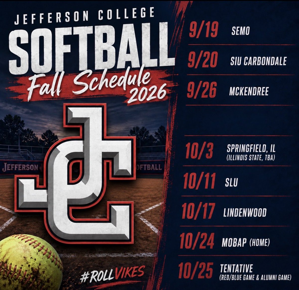 Jeffco_softball's tweet photo. Move in starts tomorrow, so here is the Fall Schedule! Time to get to work!
🔵🔴🥎 #rollvikes https://t.co/joHMohM90J