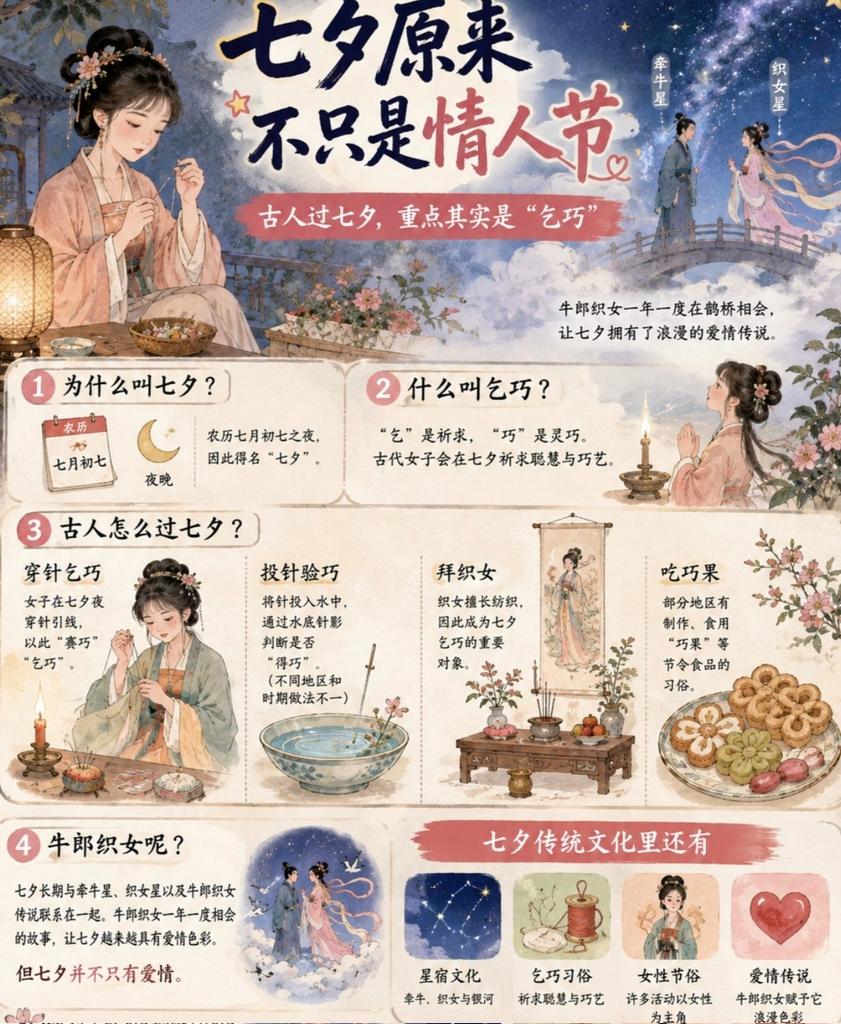ErHao671's tweet photo. 🌙 七夕—农历七月初七，是“中国情人节”也是“乞巧节”。🪡 在中国传统节俗中，女子会在七夕进行穿针、祈愿等活动，希望自己更加聪慧、��巧。#Qixifesitival #qiqiao #ChineseValentinesDay https://t.co/uyBwCf3N7C