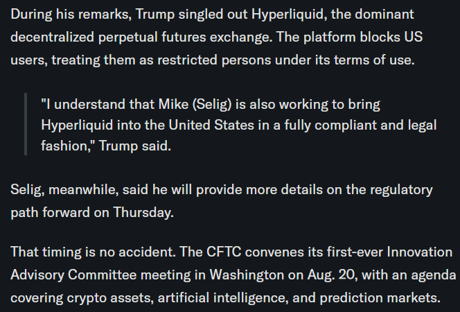 crudmeisterr's tweet photo. From Trump's address about hyperliquid:native today, we can see that the U.S. government is demonstrating a pathway for decentralized protocols to become regulated American financial business rather than forcing them offshore. Crypto protocols that generate real economic revenue and have a mechanical pathway from that revenue to the native token have a real shot as active capital will look for higher-beta crypto assets with actual cashflow/token accrual mechanics. Hyperliquid automatically converts up to 99% of its protocol and trading fee revenue into open-market purchases that are routed to an inaccessible dead address for burning. The current "revenue fever" is spreading into Defi and exchange protocols.
It's analogous to:
Gold → commodities
S&P 500 → individual equities
Treasuries → corporate bonds
As bitcoin:native matures and becomes a monetary/commodity asset that your grandpa could hold, look for higher alpha in similar protocols that buyback/burn. Here are similar protocols/tokens:
ethereum:0x320623b8e4ff03373931769a31fc52a4e78b5d70 DTF/Stablecoin Platform
ethereum:0x7fc66500c84a76ad7e9c93437bfc5ac33e2ddae9 Lending Markets
solana:JUPyiwrYJFskUPiHa7hkeR8VUtAeFoSYbKedZNsDvCN Trading Infrastructure
ethereum:0x808507121b80c02388fad14726482e061b8da827 Yield Markets
$CAKE DEX
$LIT Derivatives Exchange
$UNI DEX