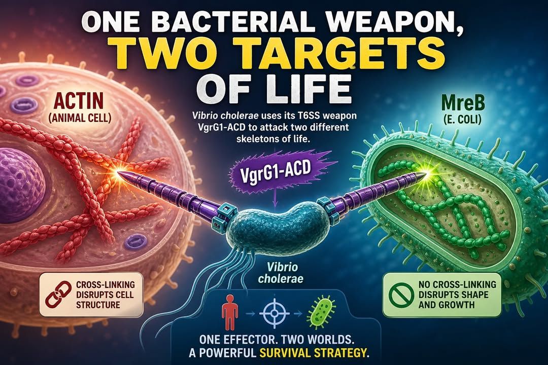 risetrenik's tweet photo. Bayangkan satu senjata bakteri menyerang dua dunia: VgrG1-ACD dari *Vibrio cholerae* menargetkan aktin mamalia dan MreB *E. coli*. Pada MreB, serangan ini mengubah bentuk serta menghambat pertumbuhan—tanpa crosslinking seperti pada aktin. #Mikrobiologi #Bakteri #Sains https://t.co/4HQsF3pT5F