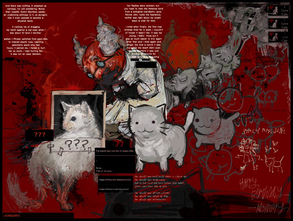 AcmeeArts's tweet photo. Happy Birthday Stacy! #mewgenics 
(text blocks in alt text) https://t.co/NaUkIBw0Qr