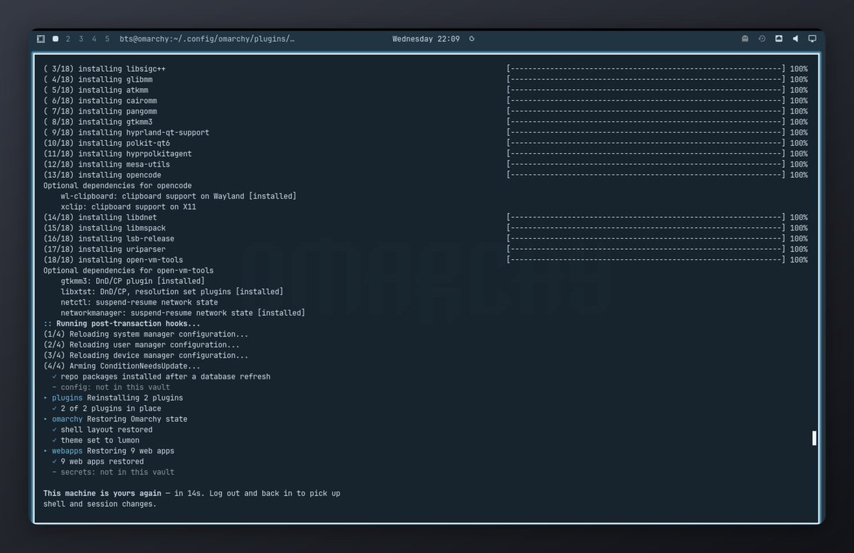btsouth's tweet photo. Omarchy installs in under a minute. Putting your things back takes all evening.

https://t.co/WKTXpWO5Ta is the other half of that minute - mine came back in 14 seconds.

ress backup, on the machine you like. 
ress restore, on the machine that has nothing.

Packages, dotfiles, themes, web apps, plugins.