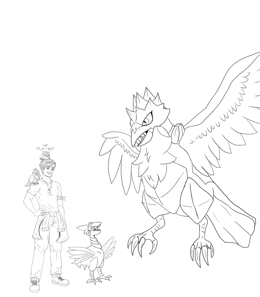 TheFatGrub's tweet photo. Skarmory protects his father unit from BIG BORB, he's even got matching goggles 🥹 Corviknight is the massive intimidating family member. Corvisquire never listens and Rookidee loves daddy. #pokemon #FinalFantasyVII #Artmoots #CidHighwind #WIP #Rookidee #Skarmory #Corvisquire #Corviknight #Crossover