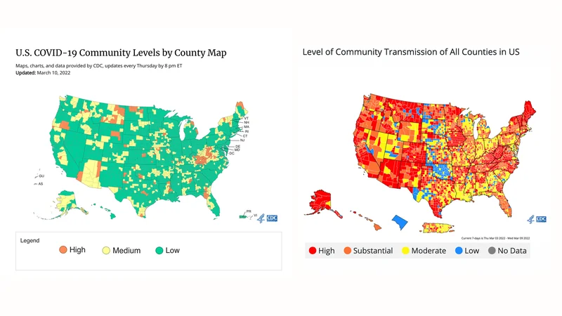 tinawind's tweet photo. @michael_hoerger The first of several times the CDC has changed what counts as high and low to make the disease seem less common &amp; dangerous, in Feburary 2022

Exact same numbers of covid infections that changed a mostly red&amp; orange High/Substantial map to a mostly green Low. https://t.co/XvVGqTzDpX