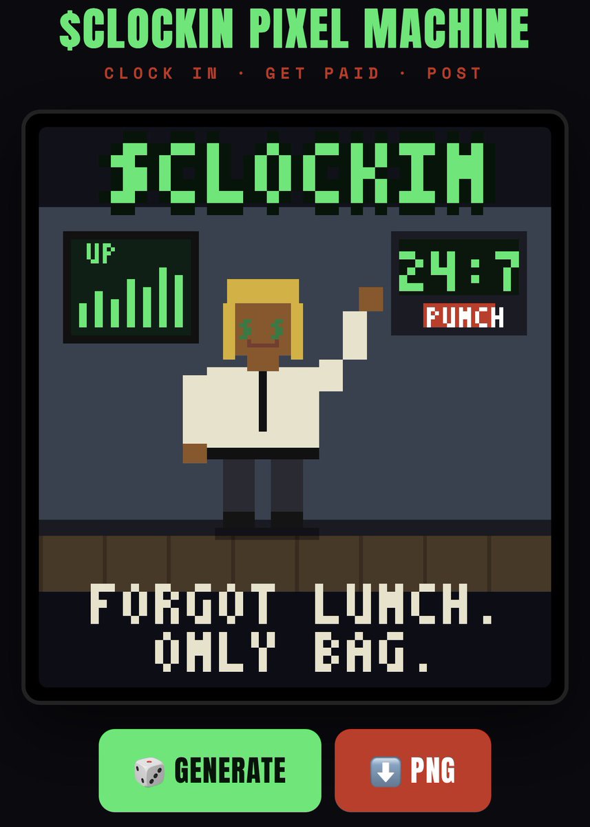 Degeneratech's tweet photo. while we all wait for $CLOCKIN to punch in… we built a little something to pass the time
Generate your own CLOCKIN BAG meme → https://t.co/7U1Mv6lMA5
roll it. post the funny ones. clock in, get paid.
not the official coin
https://t.co/PNs94RcW80 https://t.co/nn5bpRdBXU