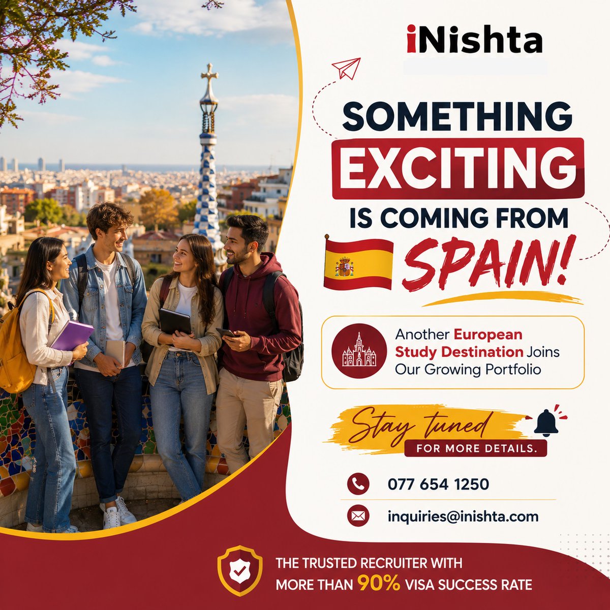 inishta's tweet photo. 🇪🇸 SOMETHING EXCITING IS COMING FROM SPAIN

We’re excited to announce that Spain is joining our growing portfolio of European study destinations! 🎓

Exciting study opportunities and more information will be revealed soon

Stay tuned for more details!

Call /WhatsApp:077 654 1250 https://t.co/8YYUpytc68