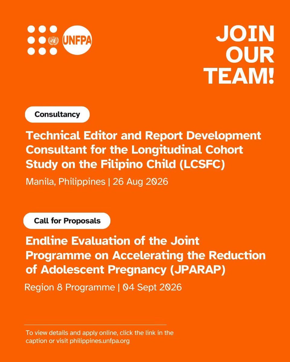UNFPAph's tweet photo. 📢 UNFPA in the Philippines is looking for the following:

Technical Editor and Report Development Consultant for the Longitudinal Cohort Study on the Filipino Child (LCSFC) 
🗓️ Apply by: 26 Aug 2026
https://t.co/lLzlxbm4kb https://t.co/TzlvCemwGV