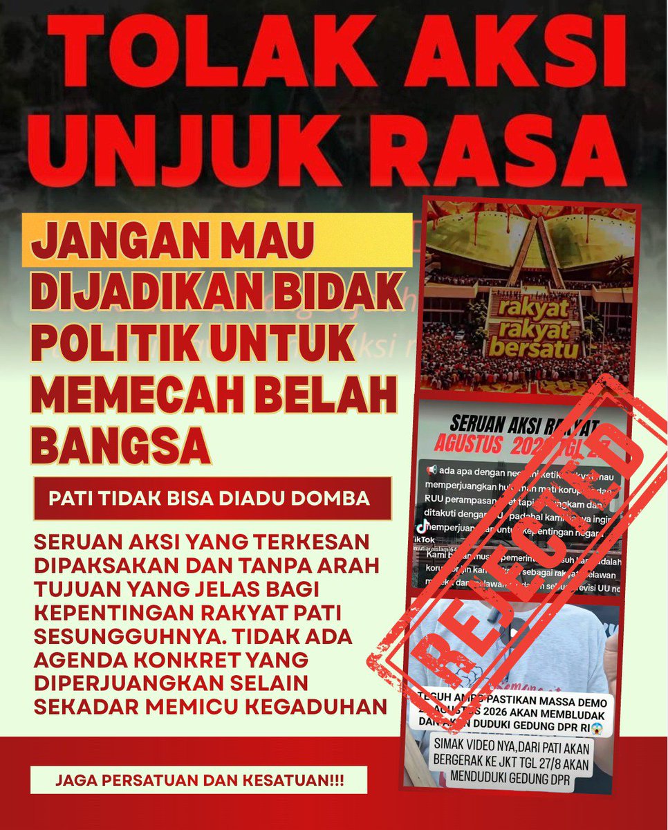 mikeduat_'s tweet photo. Jaga persatuan dan kesatuan, jangan biarkan daerah kita teradu domba oleh agenda yang tidak pasti. Tolak Aksi Unjuk Rasa dan hindari provokasi turun ke jalan. https://t.co/AvMe2R63dX