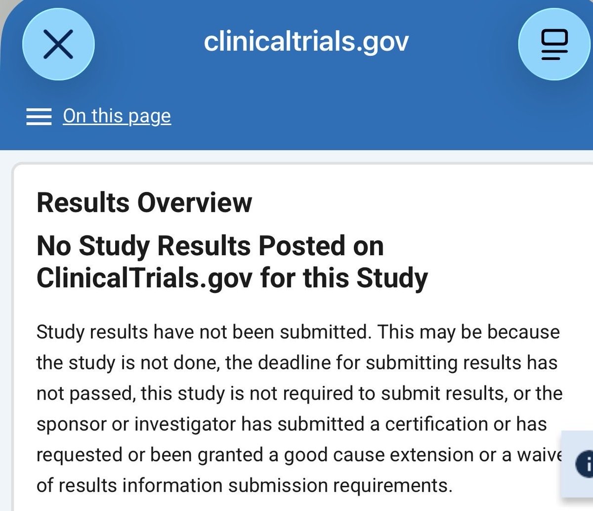 ChrisMasterjohn's tweet photo. The Moderna/Merck cancer vaccine trial registration page has “no results posted” and we’re out here saying we’re “curing cancer,” “cancer is a software problem,” and the results are “definitive” based on a press release. https://t.co/gUUiHAmxV5