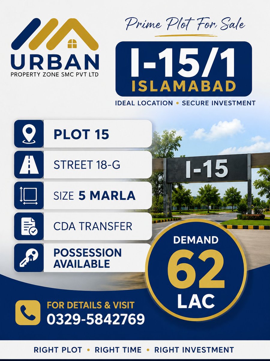 ha71108334's tweet photo. I-15, Islamabad 
The right time to Invest 
5 &amp; 7 Marla Plots 
Available For Sale 
CDA Transfer 
Call or WhatsApp 
+92-329-5842769 https://t.co/JZxkgxZz5M