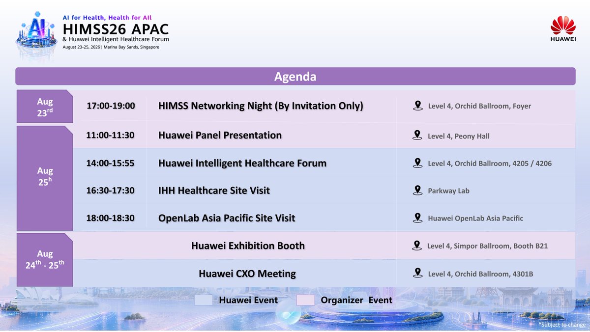 HuaweiEntAPAC's tweet photo. 🏥 HIMSS26 APAC & Huawei Intelligent Healthcare Forum 2026
🗓️ August 23-25 | 📍 Marina Bay Sands, Singapore

Join us at Booth B21 and the Huawei Intelligent Healthcare Forum to discover our event highlights. Let's explore the future of digital and intelligent healthcare transformation together!

#Huawei #HIMSS26APAC #Healthcare