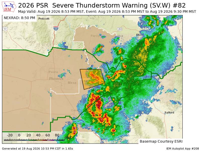 WJONIPwx's tweet photo. PSR issues Severe Thunderstorm Warning [wind: 60 MPH (RADAR INDICATED), hail: 0.75 IN (RADAR INDICATED)] for Gila, Maricopa, Pinal [AZ] till 9:30 PM MST https://t.co/uQ8IRHXaII https://t.co/cSyOeQjWlI