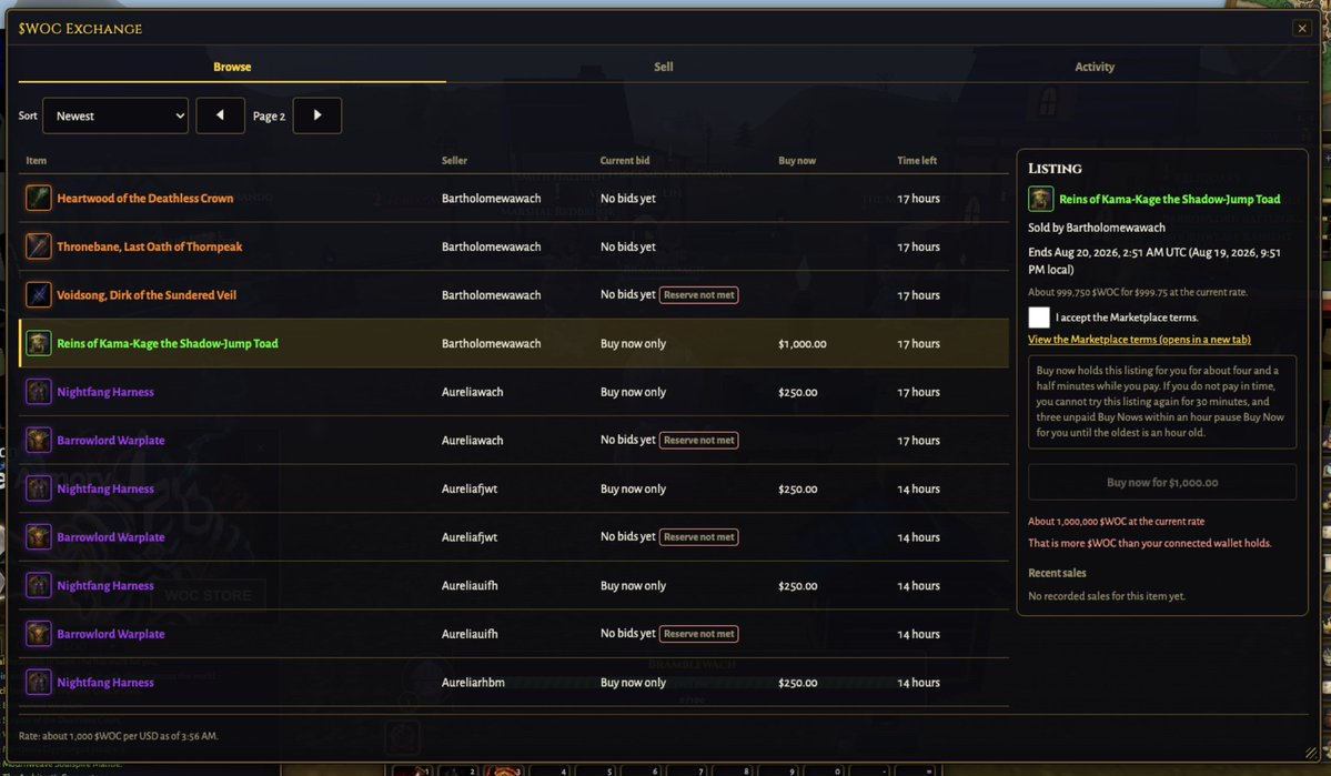 WoClaudecraft's tweet photo. Sneak peek from the workshop: a peer to peer marketplace to trade items with other players for out of game currency. You enter the USD amount and it calculates the solana:3WjLscH2JsXLEFJZRA9z8ti8yRGxWGKbqymPd7UicRth value.

Auctions with reserves, buy now listings, and a payment hold so a purchase cannot be sniped out from under you mid checkout. 
Unpaid holds time out and repeat unpaid holds pause your Buy Now, so the system polices itself. 

Still in development, not on the live realm yet. When it ships, the marketplace code lands in the open repo like everything else, so you can read exactly how holds and settlement work rather than taking our word for it