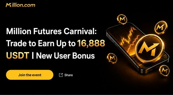 millionEX_'s tweet photo. 🔥 MILLION FUTURES CARNIVAL IS LIVE

A limited-time campaign for new Million users is here. Deposit, trade Futures, complete the missions, and unlock bigger rewards as you progress. 🚀

💰 Start from just 1,000 USDT trading volume
📈 Progress through higher trading tiers
🏆 Unlock up to 16,888 USDT at the highest tier

No complicated tasks - join the event, trade Futures, and work your way up the reward ladder.

📅 Campaign Period: Aug 11 – Aug 24, 2026

Ready to put your trading volume to work?