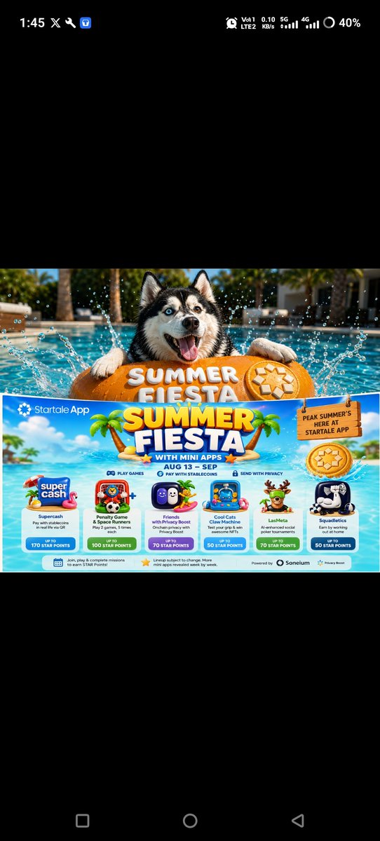 rabbithole786's tweet photo. #STARTALE ⭐ :- 🌟 STARTALE: ONE HUB. ENDLESS POSSIBILITIES. 

☀️ Summer Fiesta is your playground.
⭐ STAR Points are your progress.

Explore and complete Summer Fiesta Mini App missions. 

👉STEP 🪜 SETUP STARTALE WALLET 

① JOIN → Sign up on STARTALE 🔗 https://t.co/162BBxxSY8 

② CHOOSE LOGIN / SIGNUP METHOD → 🦊 EOA | 📧 Gmail | 💬 LINE

③ GET SMART → Smart Wallet created automatically ⚡

④ SECURE → 🔐 Set up Passkey or Skip

⑤ EXPLORE → Mini Apps + ⭐ STAR Points 

 👋 Daily GM = Daily Rewards
10 GMs → 10 ⭐ STAR Points

👉STEP 🪜 ☀️ JOIN SUMMER FIESTA

☀️ SUMMER FIESTA = LIVE!
🎮 SuperCash
⚽ IntraVerse
🦌 LasMeta
🏋️ Squadletics
🤝 SunnySide 

☀️ STARTALE SUMMER FIESTA

📅 Aug 13 – Aug 27

🎯 Missions:

1️⃣ Supercash 💰
→ Up to 170 ⭐ STAR Points

2️⃣ Lazy Lions 🦁
→ Play 5 times
→ Earn 50 ⭐ STAR Points

3️⃣ Space Riders  🌌 
→ Play 5 times
→ Earn 50 ⭐ STAR Points

⭐ Total: Up to 270 STAR Points

#Startale #StartaleApp #Soneium #STARPoints #Web3 #Web3Gaming #SmartWallet #MiniApps #Onchain #Blockchain #SummerFiesta #EarnSTARPoints #BuildOnSoneium #ExploreWeb3 @soneium @0xRamz #BuildOnSoneium #StartaleGroupJP #LINE #SummerFiesta