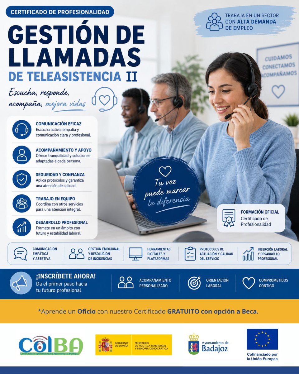 aytodebadajoz's tweet photo. 📚 Aún puedes inscribirte en los cursos gratuitos de formación disponibles:

🔹 Alfabetización digital. Habilidades digitales para tareas administrativas
🔹 Gestión de llamadas de teleasistencia II
🔹 Atención sociosanitaria a personas dependientes en instituciones sociales
🔹 Introducción al portugués para la comunicación con clientes

ℹ️ Las personas interesadas pueden obtener más información en las instalaciones del Centro de Formación Cerro de San Miguel, llamando al 924 210 347 o escribiendo a colba@aytobadajoz.es.

📲 Más información en la web.