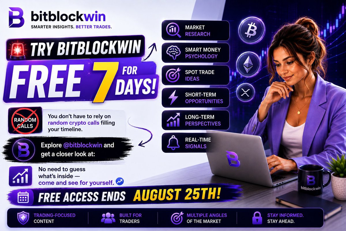 bitblockwin's tweet photo. 🚨 TRY BITBLOCKWIN FREE FOR 7 DAYS!

✨️ Join fast: https://t.co/eKnNyQRSKB…

You don’t have to rely on random crypto calls filling your timeline.

Explore @bitblockwin and get a closer look at market research, smart money psychology, spot trade ideas, short-term opportunities, long-term perspectives, and real-time signals.
No need to guess what’s inside — come and see for yourself. 📈

🔥 Free access ends August 25th.

Be steady🤝.