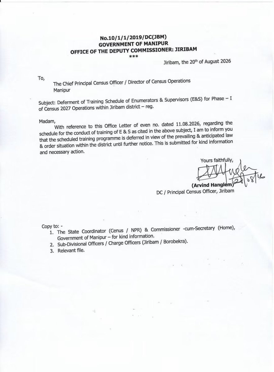 PukningWarol's tweet photo. Instead of a single notification for the whole state, individual DCs are issuing halting of training for census in Manipur. 

Areas where filled with illegal Kuki immigrants are still continuing the process.

Why is @YKhemchandSingh not taking measures for the people of the state?
