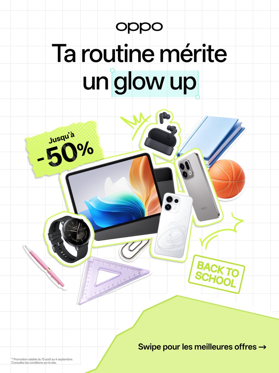 OPPOFrance's tweet photo. Ta routine mérite un glow up ✨
Jusqu’à 50 % de réduction pour les étudiants 🎓
Prêt(e) à upgrader ta routine comme elle le mérite ?

#OPPOReno16Series #OPPOFindX9Series #BackToSchool https://t.co/OJXKQCjfqE