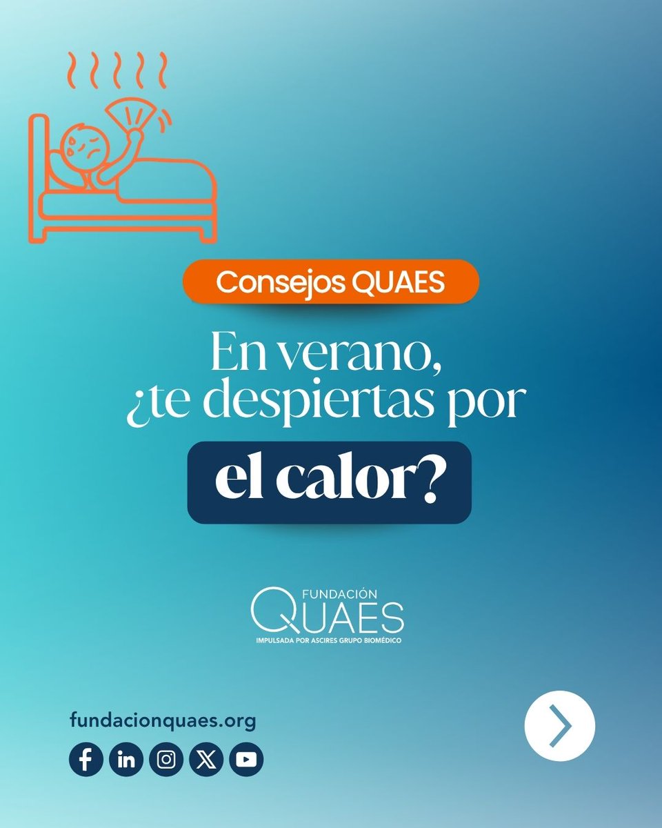 FQuaes's tweet photo. 🌙 ¿Duermes 8 horas pero te levantas cansado?

El calor nocturno favorece los microdespertares y reduce el sueño profundo, haciendo que el descanso sea menos reparador.

💙 Descubre cómo mejorar tu sueño este verano.

#FundaciónQUAES #ConsejosQUAES #Sueño #Verano https://t.co/4oP7LHfljW