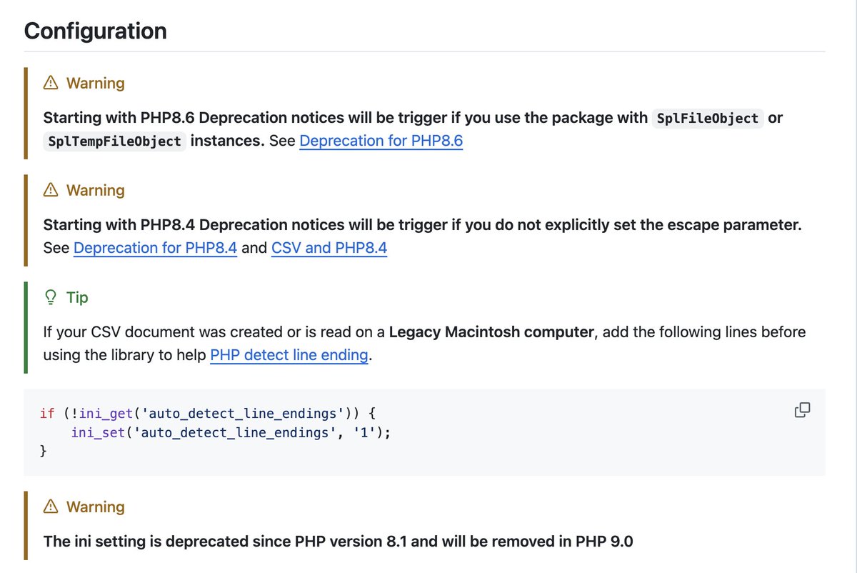nyamsprod's tweet photo. league/csv warnings on the README page are getting bigger on each PHP version upgrade ๐ ๐
#PHP86 #maintenance #CSV @thephpleague https://t.co/R7qwvN4lH0