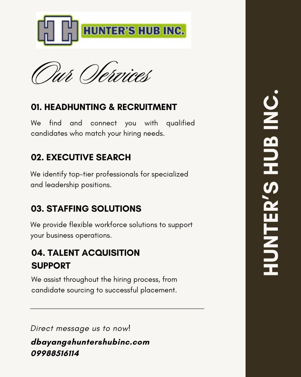 HuntersHubbInc's tweet photo. Looking for the right talent for your business? 🤝

From headhunting and recruitment to executive search, staffing solutions, and talent acquisition support, Hunter’s Hub Inc. is here to help you build the right team.

📩 Let’s connect and find the right talent for your business! https://t.co/AnbDLDzOtu