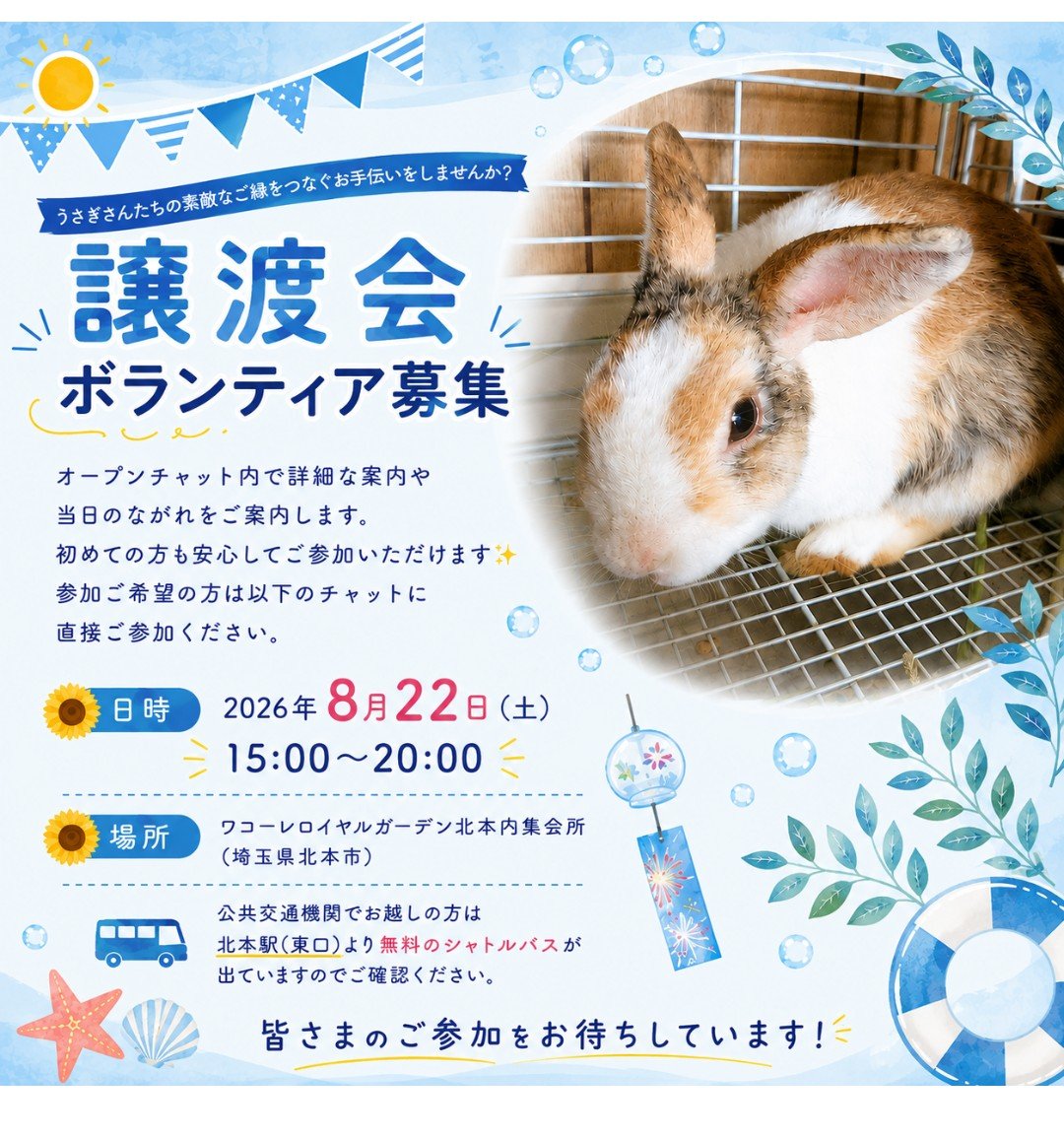 gyodausagi's tweet photo. 🐰譲渡会ボランティア募集🐰

譲渡会のお手伝いをしていただくボランティアさんを募集しています。

参加ご希望の方は以下のオープンチャットに直接ご参加ください

オープンチャット「2026年8月22日ワコーレ自治会夏祭り(北本市)譲渡会」
https://t.co/RwE01GrXIb

#行田うさぎハウス
#譲渡会 https://t.co/5G2Y8oZnl1