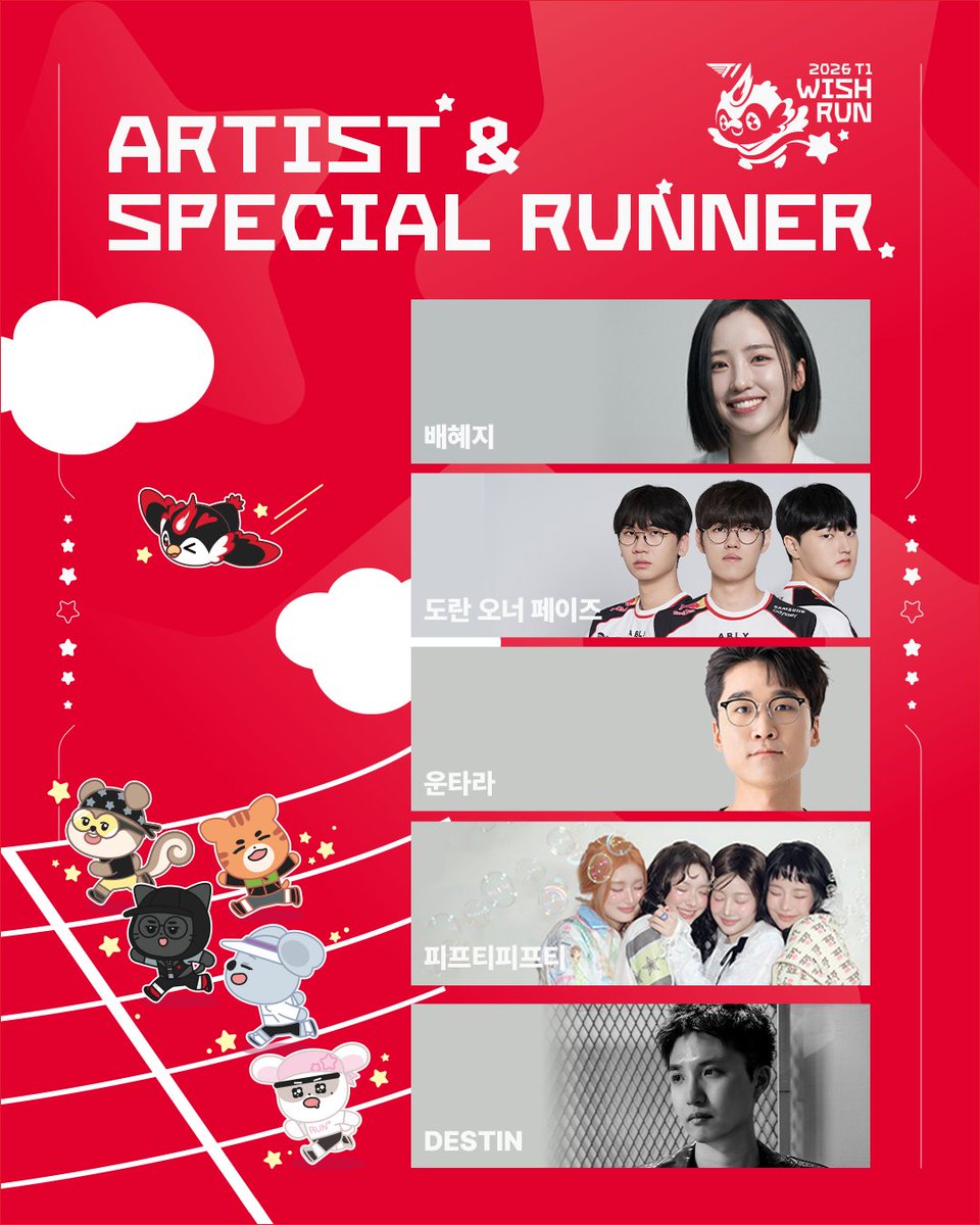 T1LoL's tweet photo. ⭐T1 WISH RUN 출연진 소개⭐

선행의 발걸음을 함께 만들어갈 T1 WISH RUN의 출연진을 공개합니다!💫따뜻한 마음으로 함께 달려볼까요?

Meet the special lineup stepping forward for a great cause at T1 WISH RUN!💫
Are you ready to join the journey?

🎫:https://t.co/4n00trtsZ5

#TogetherAs1 #T1WISHRUN