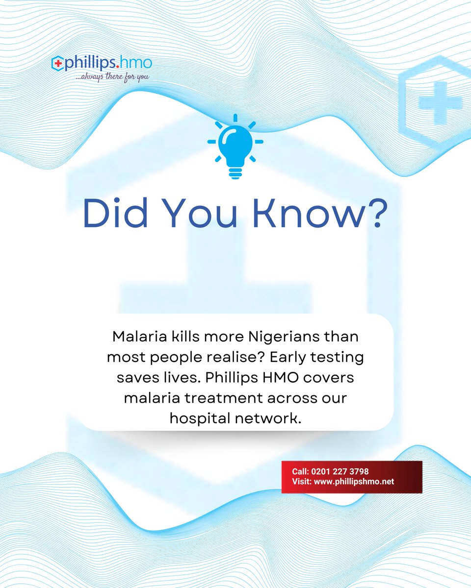 PhillipsHmo1's tweet photo. Malaria no be joke, but early testing saves lives. Protect your health and wallet today with Phillips HMO.

Call: 0201 227 3798

Visit: https://t.co/PtBPJp50Yq

#PhillipsHMO #MalariaCare #HealthInsurance #LagosHustle #Trending https://t.co/l6mt0mDv2I