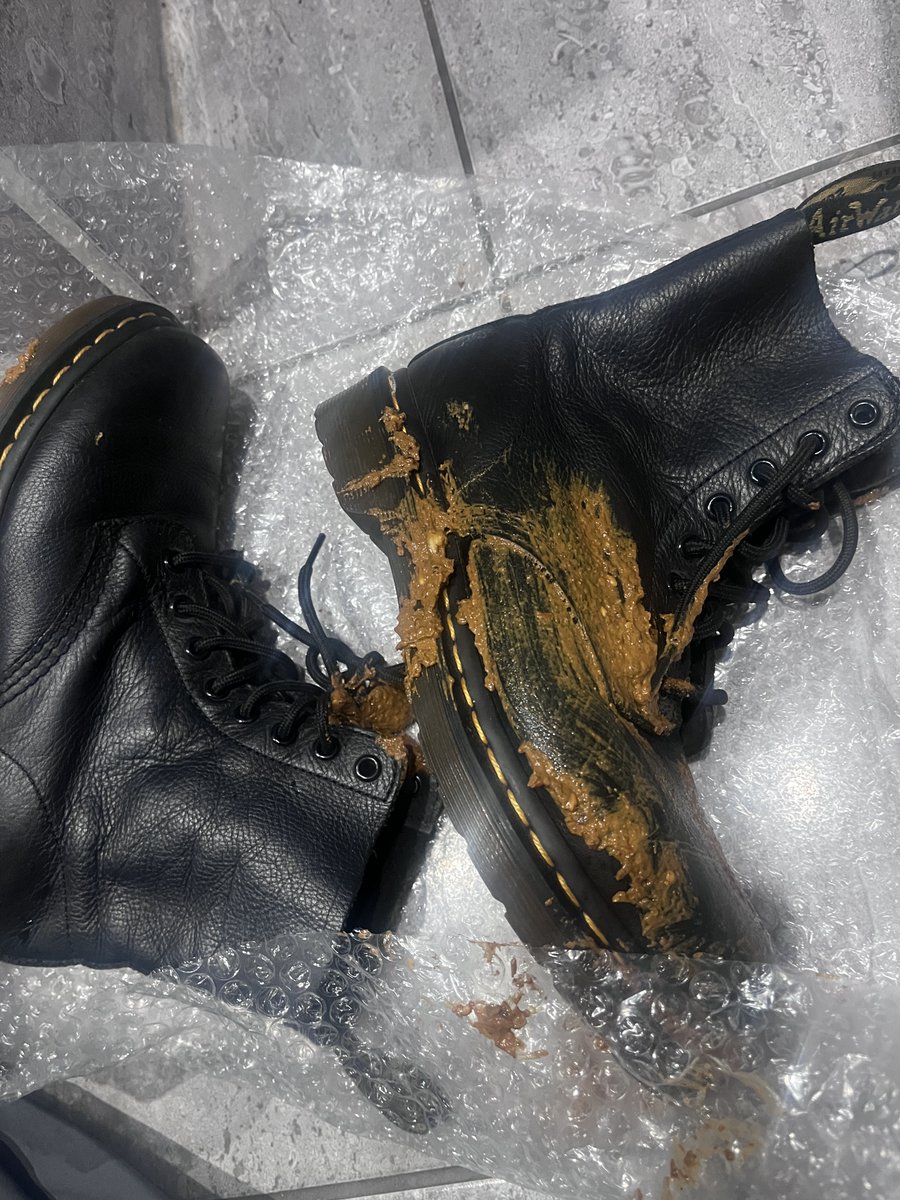 milly_mollyj's tweet photo. I wish I could post on here the clip of these Doc Martens being prepared, I would have offered to DM you it, but I got sooooo many messages last time I did that.  Imagine having the job of HAVING to clean these 🤢 It's in all the laces as well 🤭🤣 I might be able to email it to people, I might do something like this.