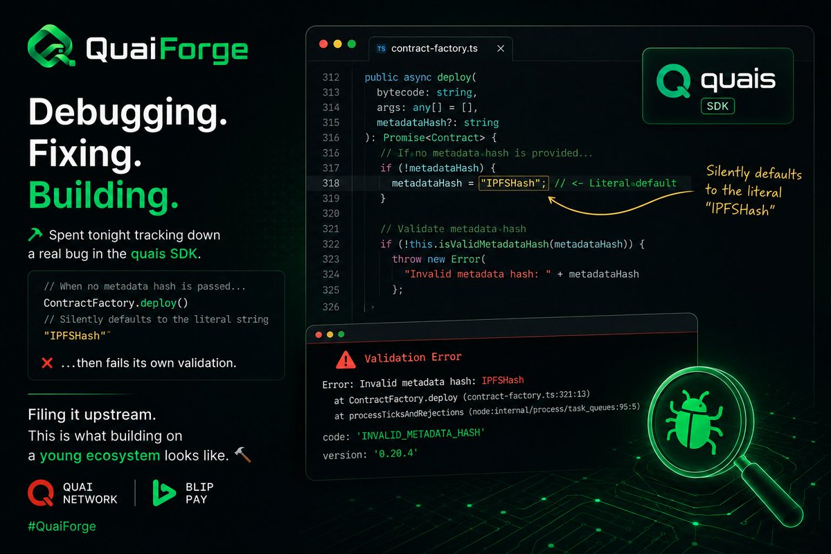 getKlasp's tweet photo. Spent tonight tracking down a real bug in the quais SDK: ContractFactory.deploy() silently defaults to the literal string "IPFSHash" when no metadata hash is passed, then fails its own validation.

Filing it upstream. This is what building on a young ecosystem looks like 🔨 https://t.co/kDrHq18pQK