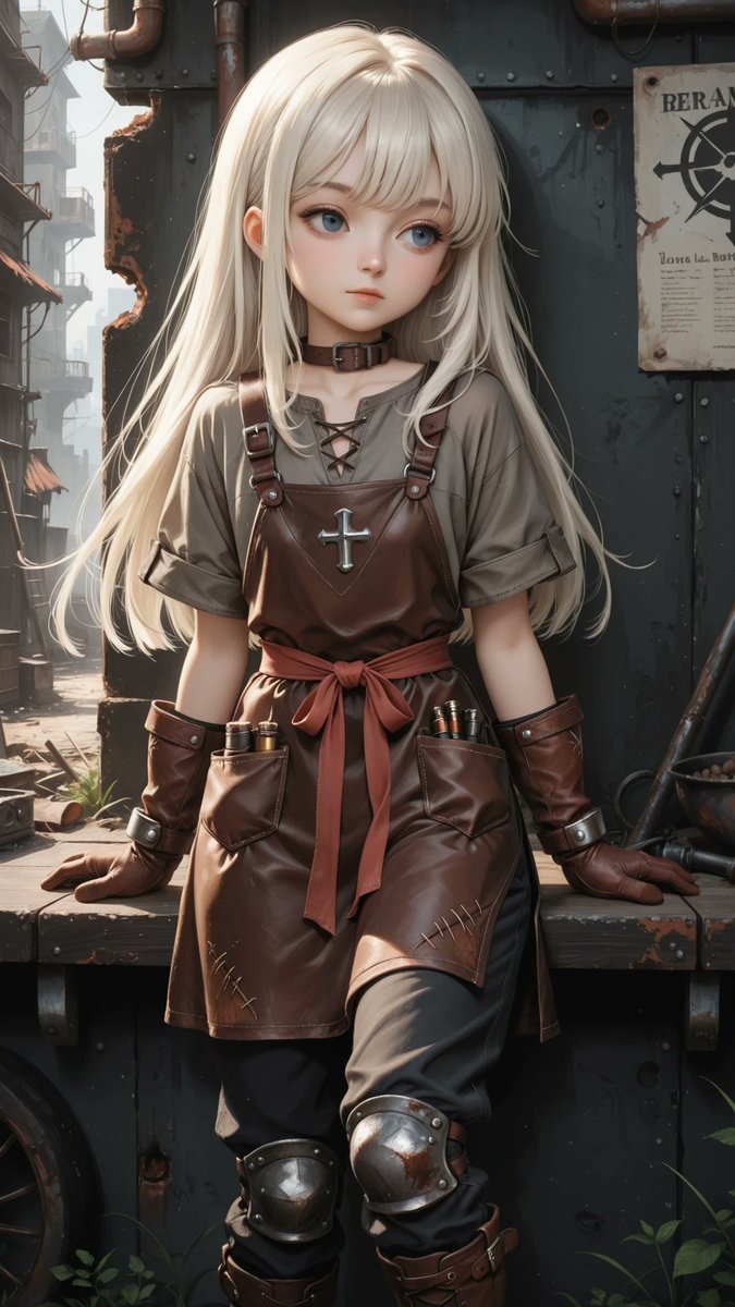 AliceLavli's tweet photo. ドワーフの鍛冶屋の衣装プロンプトをどうぞ✨
dwarven blacksmith outfit, fitted charcoal-gray heavy linen tunic, short rolled sleeves ending above the elbows, rust-red shoulder panels with antique-bronze rivets, high dark brown leather collar, thick dark brown leather cross-back work apron covering the chest and extending to the knees, reinforced rectangular apron panel, scorched edges, subtle soot stains, multiple stitched tool pockets, wide double-layer leather waist belt with a large antique-bronze buckle, small leather pouches and metal loops arranged along both hips, dark charcoal fitted trousers, reinforced brown leather knee patches, heavy dark brown leather forearm bracers with bronze rivets, thick heat-resistant leather gloves, sturdy knee-high brown work boots with wide folded cuffs, crossed leather straps and bronze buckles, rust-red woven sash tied at one hip, strict charcoal-gray tunic and trousers, dark brown leather apron and boots, rust-red accents, antique-bronze hardware, compact rugged craftsperson silhouette