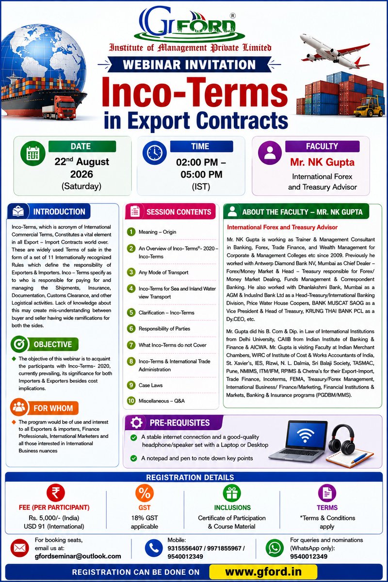 GfordInstitute's tweet photo. Incoterms define the precise moment cost, risk, and responsibility.

Send your query or booking seat on 
email us at: gfordseminar@outlook.com
Mobile 9315556407 9971855967
WhatsApp only 9540012349
@AnjayKumarAgar4 @parimal2464 

#Incoterms
#Businesswebinar
#CommercialLaw https://t.co/nwdOhaqcY6