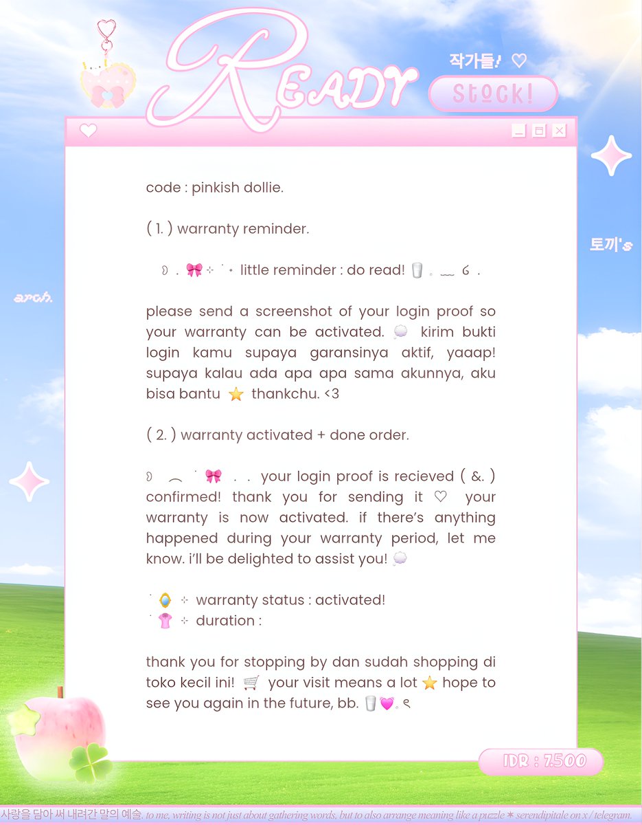 serendipitale's tweet photo. ㅤ

mencimun! aku ada ( 4 )  bundle wording  warranty reminder dan warranty active + done order yang bisa kamu bawa adopsi only at 7.5OO ♥︎ take a peek jucceyo!  .   .  #zonauang 

ㅤㅤ https://t.co/eVgx6Y1Dio