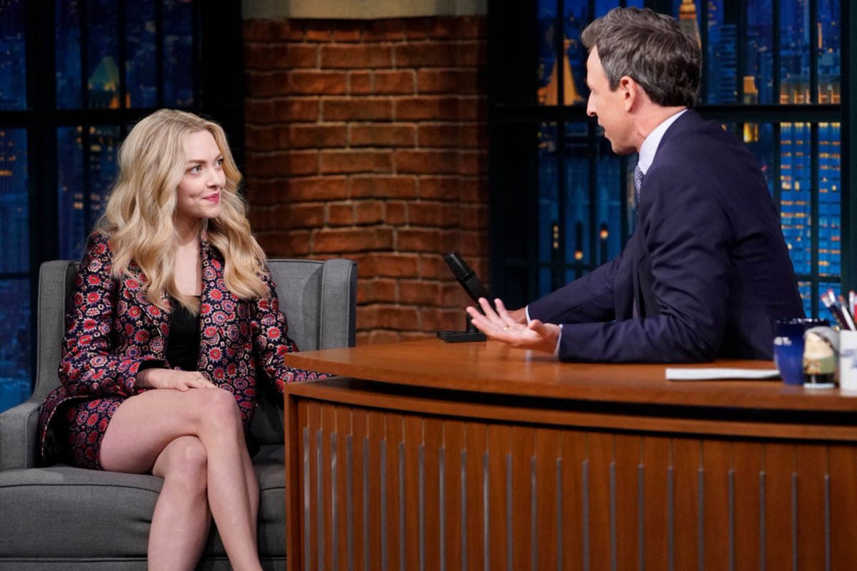 PaigeWinterson's tweet photo. You can’t go wrong with a statement blazer-shorts set by @YSL. Thank you, @LateNightSeth, for letting me gush about this ensemble dream cast in #DancingQueenMLML, which is now is a franchise! I can’t believe it! Singing, dancing and exploring this new story has been sublime. https://t.co/CZw0Vmk132