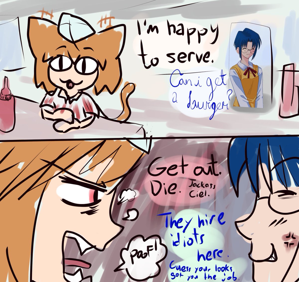 TrainAnon's tweet photo. "Extra comic where Ciel comes in for food and pisses Neco Arc off.  

Halfway through this I realized that I mixed up my Necos since the modern design is her own character and not Arcueid.  Oh well." https://t.co/iGRaFEug5O