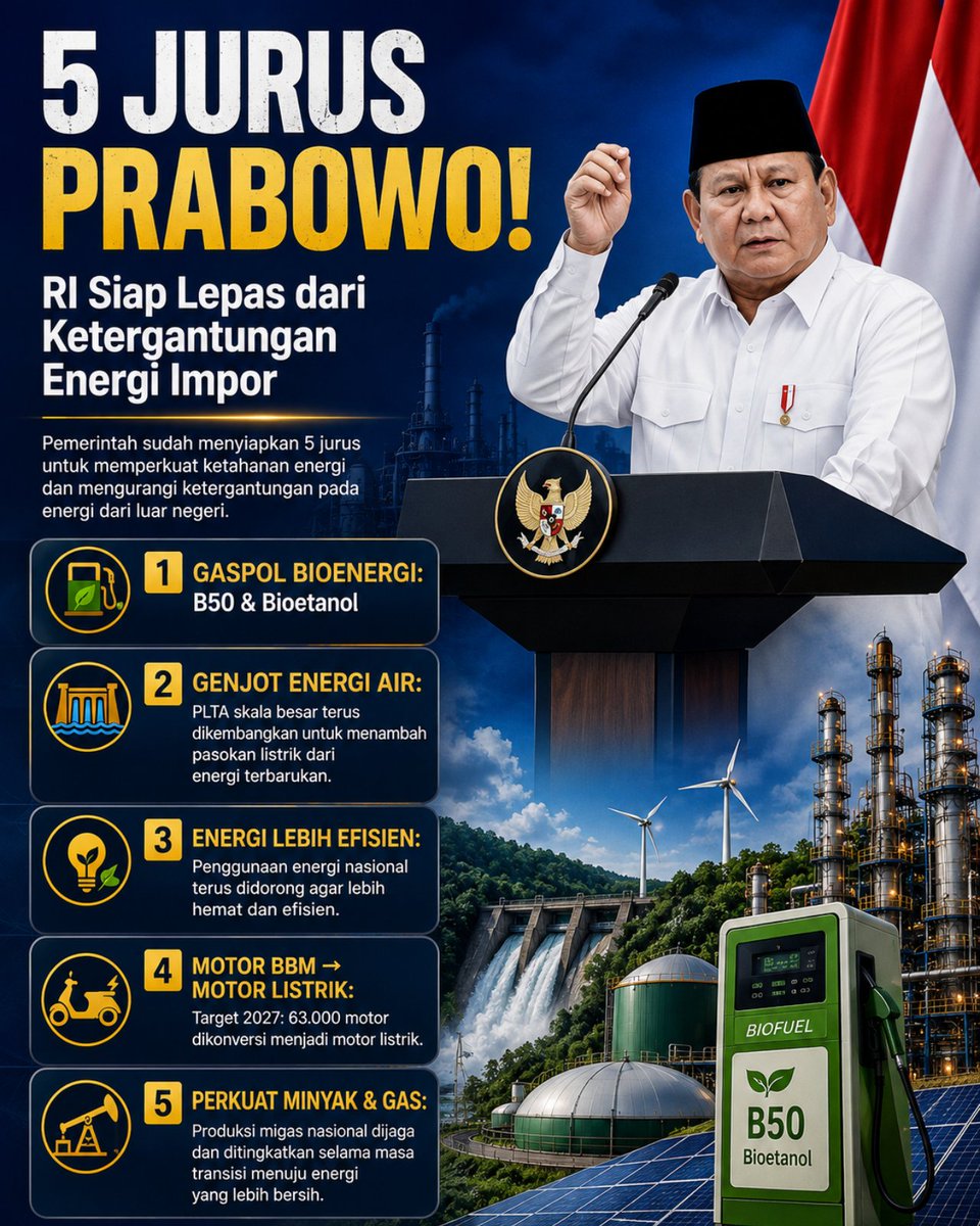 gabirosamaria's tweet photo. Indonesia siap lepas dari energi impor! Intip 5 strategi jitu Prabowo untuk perkuat ketahanan energi kita.
#jagaindonesia #PrabowoSubianto #KetahananEnergi #Bioenergi #MotorListrik https://t.co/FneEuqzkVy