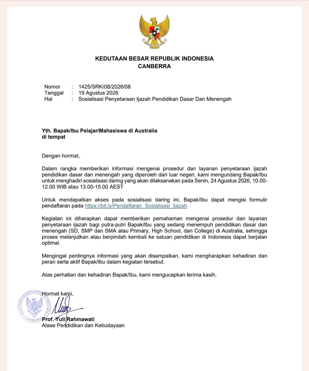 dennyindrayana's tweet photo. Sosialisasi Penyetaraan Ijazah Pendidikan Dasar dan Menengah? Apakah ini kegiatan mendadak dari Kedutaaan Besar RI di Canberra, Australia? Kenapa yang disosialisasikan hanya Dikdasmen? Kenapa tidak ijazah PT? Kok, meng-Gibran banget ya? 

Silakan tuliskan komentar anda di bawah ya.

Salam Integritas!