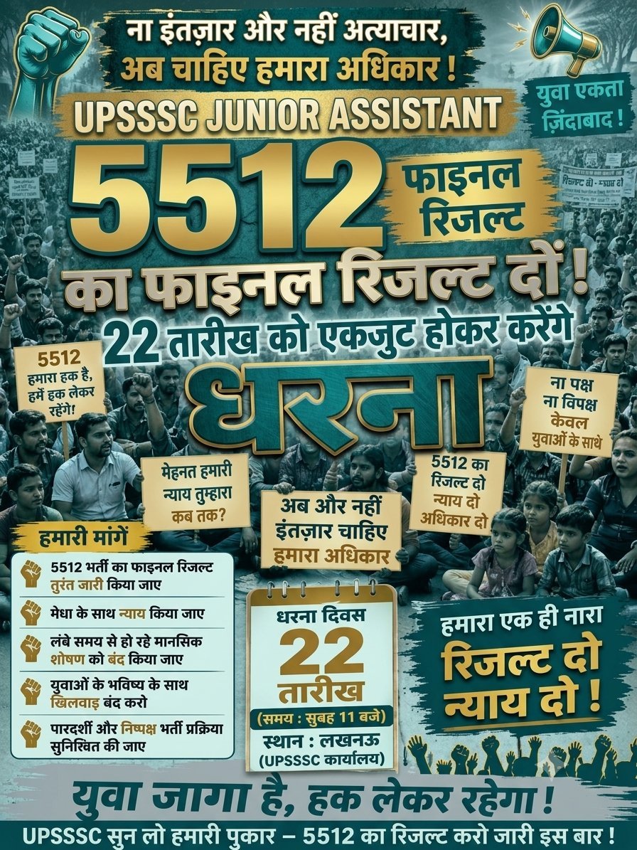 shivamm284001's tweet photo. सभी सम्मानित बंधुओं से आग्रह है कि हमारी आवाज़ बनें हमारा JA 5512 का 22 को अनिश्चितकालीन धरना और आमरण अनशन।
@ChiefSecyUP @UPTakOfficial @bharatsamachar @ANI @AmarUjalaNews @TheLallantop
@DainikBhaskar
@TheNewspinch @the_hindu @CJP_for_India
#UPSSSC_JA_5512_RESULT https://t.co/rrb726IOqK