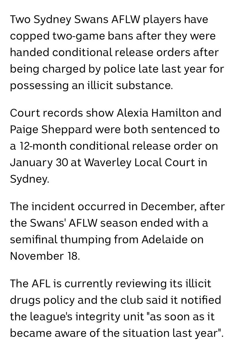 rtralphy's tweet photo. March 2024 two Sydney Swans AFLW players - not AFLM ✊ - charged with possessing an illicit substance 

2 game suspension 

AFL announces it would review the illicit drug policy

CEO Tom Harley: players fell short of clubs standards

Comedy writes itself 👍 https://t.co/tm2Ox7HoaA
