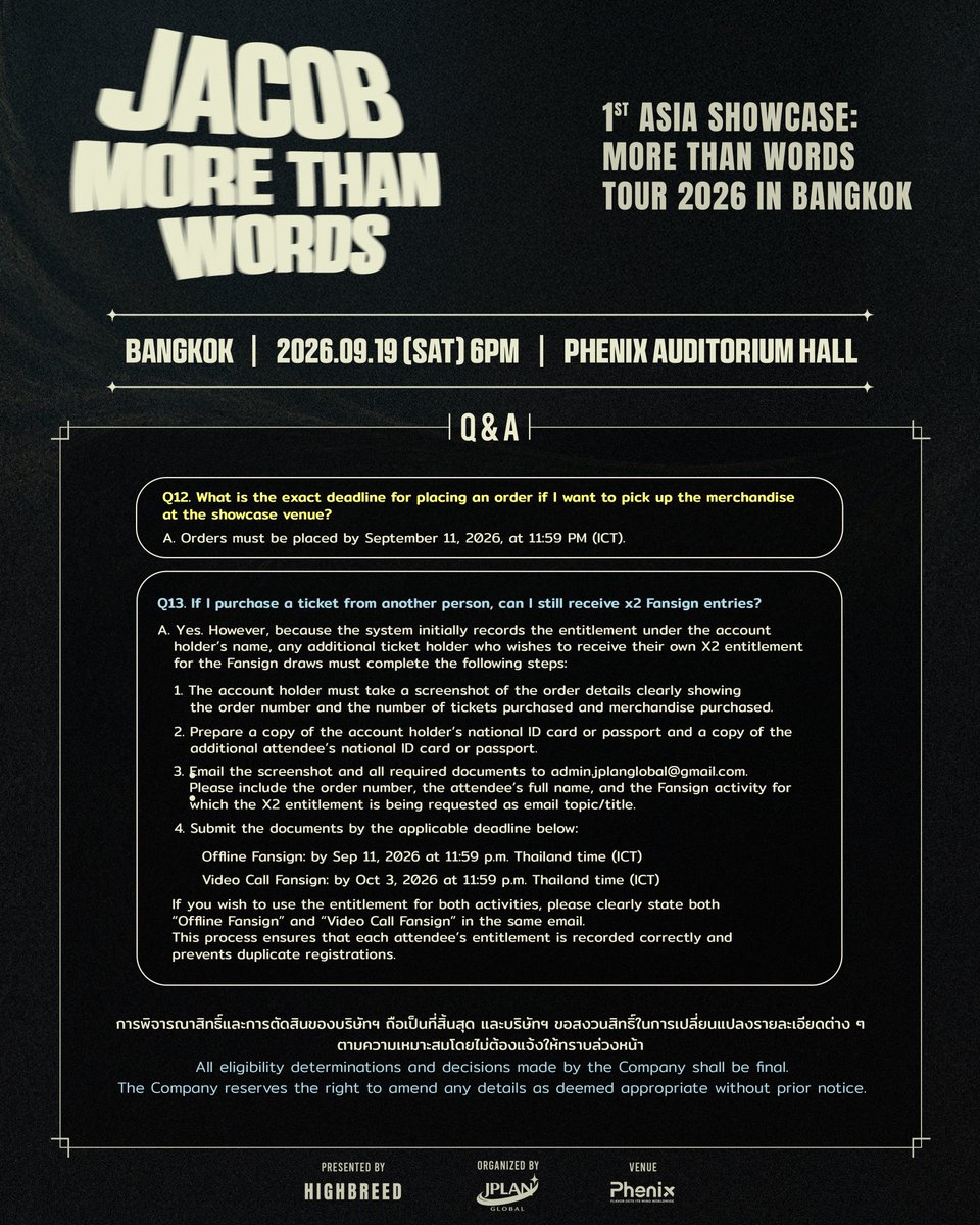 JPlanGlobal's tweet photo. JACOB 1st Asia Showcase: MORE THAN WORDS TOUR 2026 IN BANGKOK

Q&amp;A | รวมคำถามและคำตอบที่พบบ่อย

📅 19 SEP 2026 | 10:00 AM–5:00 PM
📍 Phenix Auditorium Hall

🌐 https://t.co/3d8hPXRmcF

#JACOB #제이콥
#JACOB_MTWTOUR2026_BKK
#JACOB_MTWTOUR2026 https://t.co/YQ6n2X7GOJ