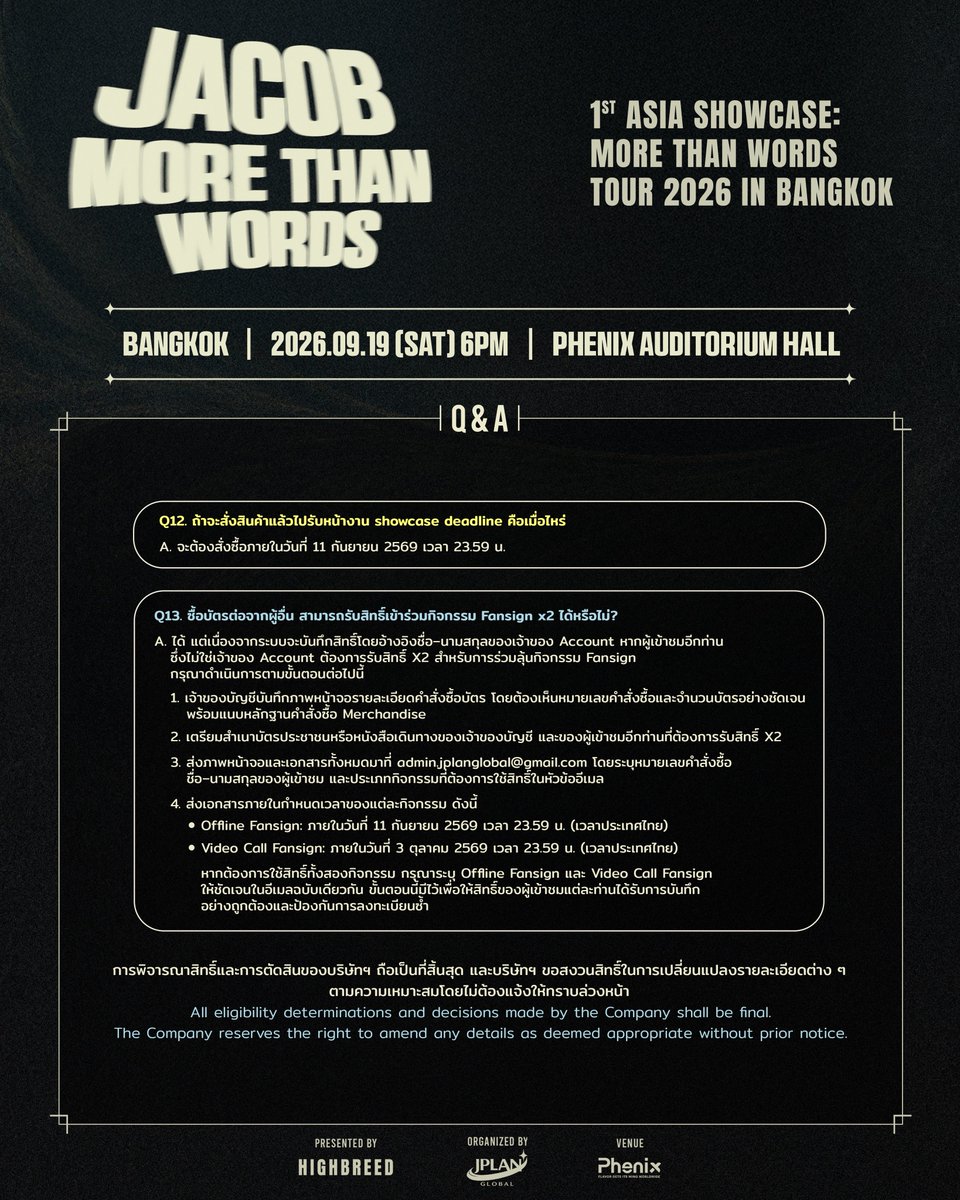 JPlanGlobal's tweet photo. JACOB 1st Asia Showcase: MORE THAN WORDS TOUR 2026 IN BANGKOK

Q&amp;A | รวมคำถามและคำตอบที่พบบ่อย

📅 19 SEP 2026 | 6 PM
📍 Phenix Auditorium Hall

🌐 https://t.co/3d8hPXRmcF

#JACOB #제이콥
#JACOB_MTWTOUR2026_BKK
#JACOB_MTWTOUR2026 https://t.co/e79Qphz9iv