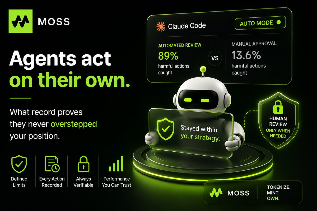 MOSS graphic framing autonomous agents around defined limits, recorded actions, verifiable behavior, and human review only when needed