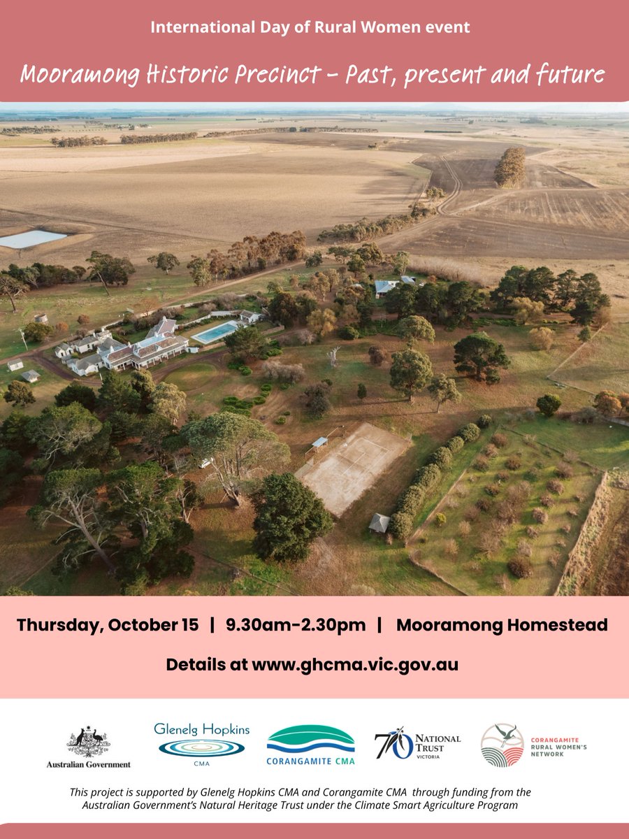 GHCMA's tweet photo. Join us at the National Heritage Trust-listed Mooramong Homestead for a networking lunch in the garden, and walking tours of the historic precinct and nature reserve for Interational Day of Rural Women.
Tickets on sale now. More information: https://t.co/vg9i4TTmFw
#idrw2026 https://t.co/xTf7y7JHXb