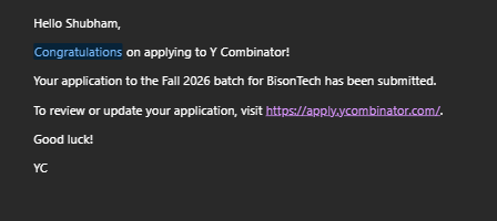 ShubhammBT's tweet photo. Whenever I see this email, I remind myself.

I’ve already set out on this journey.
There’s no turning back now.

@ycombinator https://t.co/XF2TXtipWm