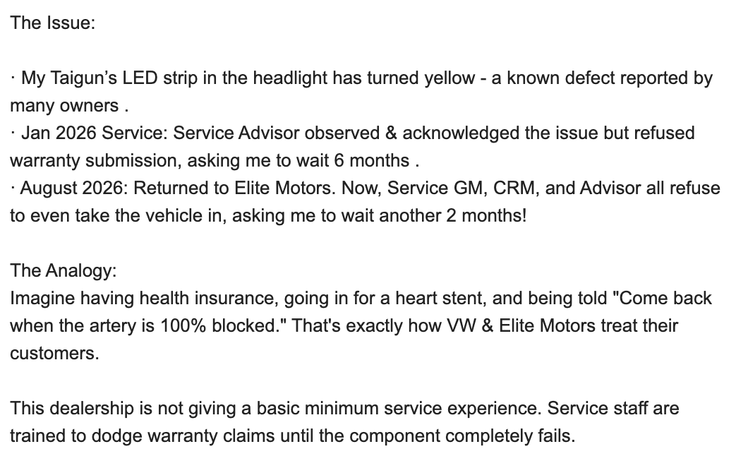 vinchub's tweet photo. @volkswagenindia The absolute failure of after-sales service at Elite Motors, Hosur Road, Bengaluru.

Is this the brand experience you stand for? Why have a warranty if service centers refuse to honor it? https://t.co/dDfyQGObiG