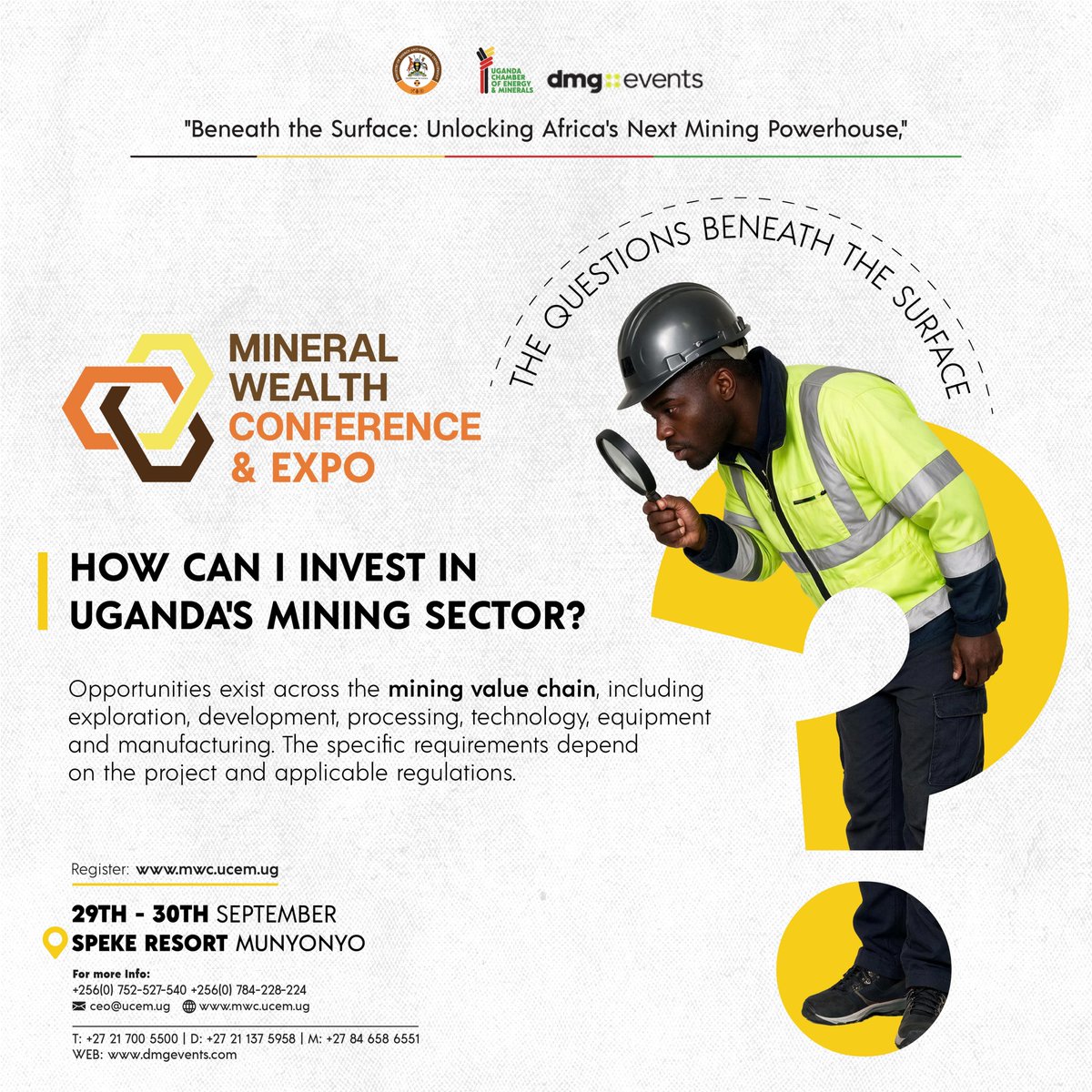UgandaChamber's tweet photo. ⛏️ How can you invest in Uganda’s mining sector?

From exploration and mineral development to processing, technology, equipment and manufacturing, Uganda’s mining value chain presents opportunities for investors ready to explore what lies beneath the surface.

Join industry leaders, investors, policymakers and experts at the 15th Mineral Wealth Conference & Expo 2026 as we unpack the opportunities shaping Uganda’s mining future.

📅 29th–30th September 2026
📍 Speke Resort Munyonyo, Kampala
🌐 Register: https://t.co/3UNEQFsTv5

Beneath the Surface: Unlocking Africa’s Next Mining Powerhouse.
#MWC2026